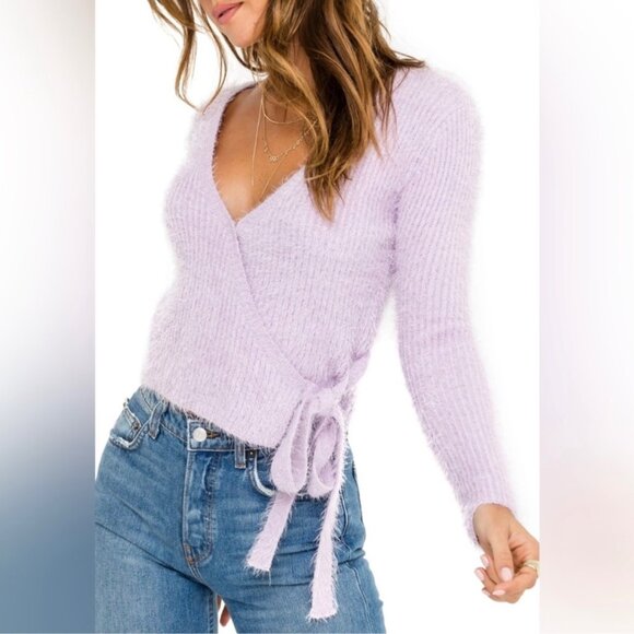 ASTR The Label Balletcore Fuzzy Knit Wrap‎ Crop Sweater Lilac Women's Small - Picture 2 of 11